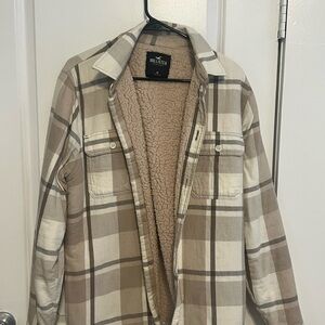 Hollister Men's Beige Plaid Sherpa Jacket